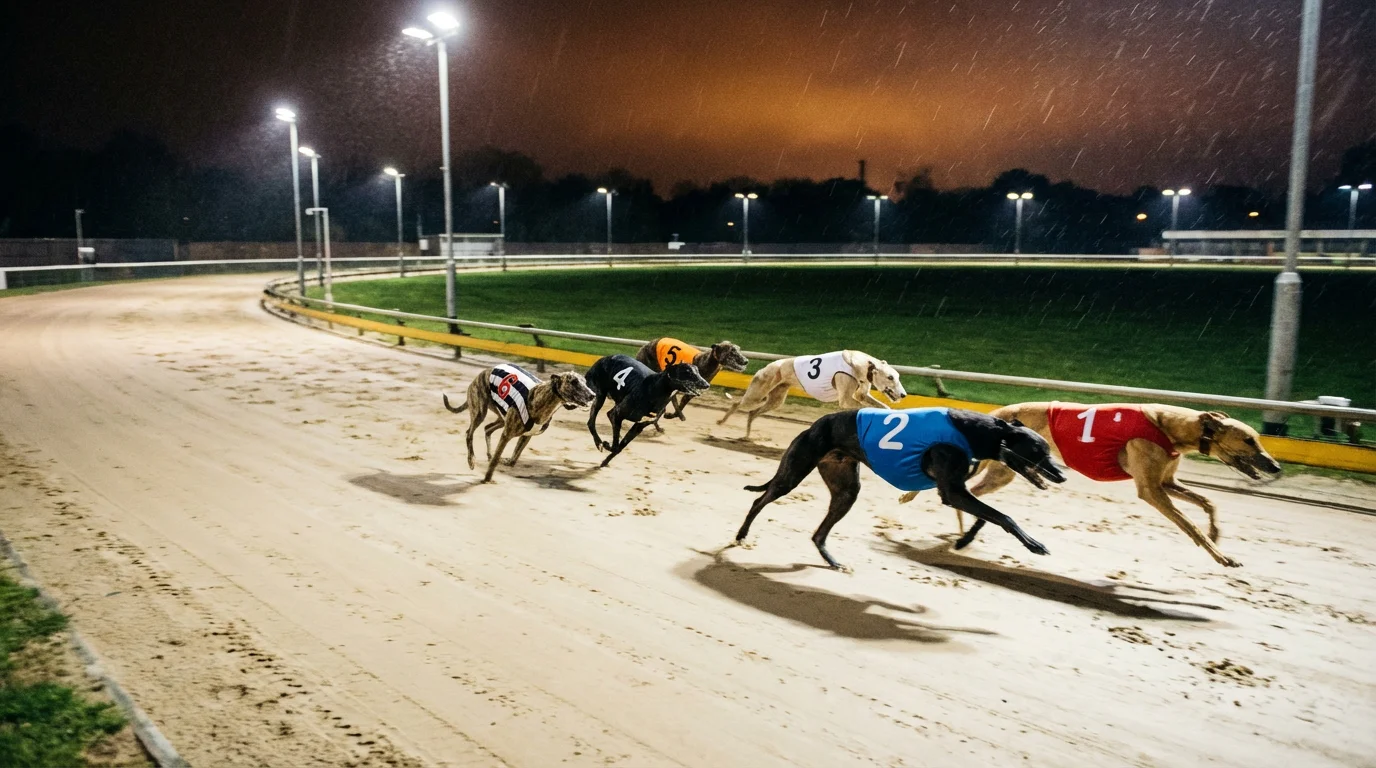 Greyhound racing at a UK track with dogs sprinting past the finish line under floodlights