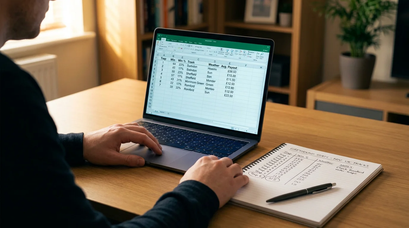 A notebook with handwritten greyhound trap statistics next to a laptop showing race results