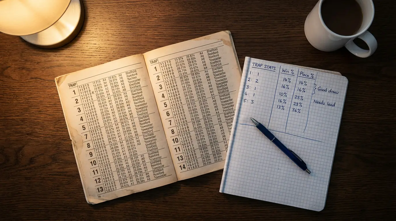 A greyhound race card with form figures and trap draw data spread on a table