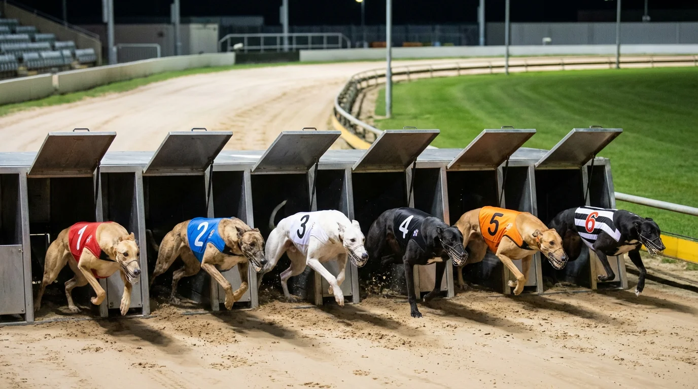 Six greyhounds bursting from traps at the start of a UK race