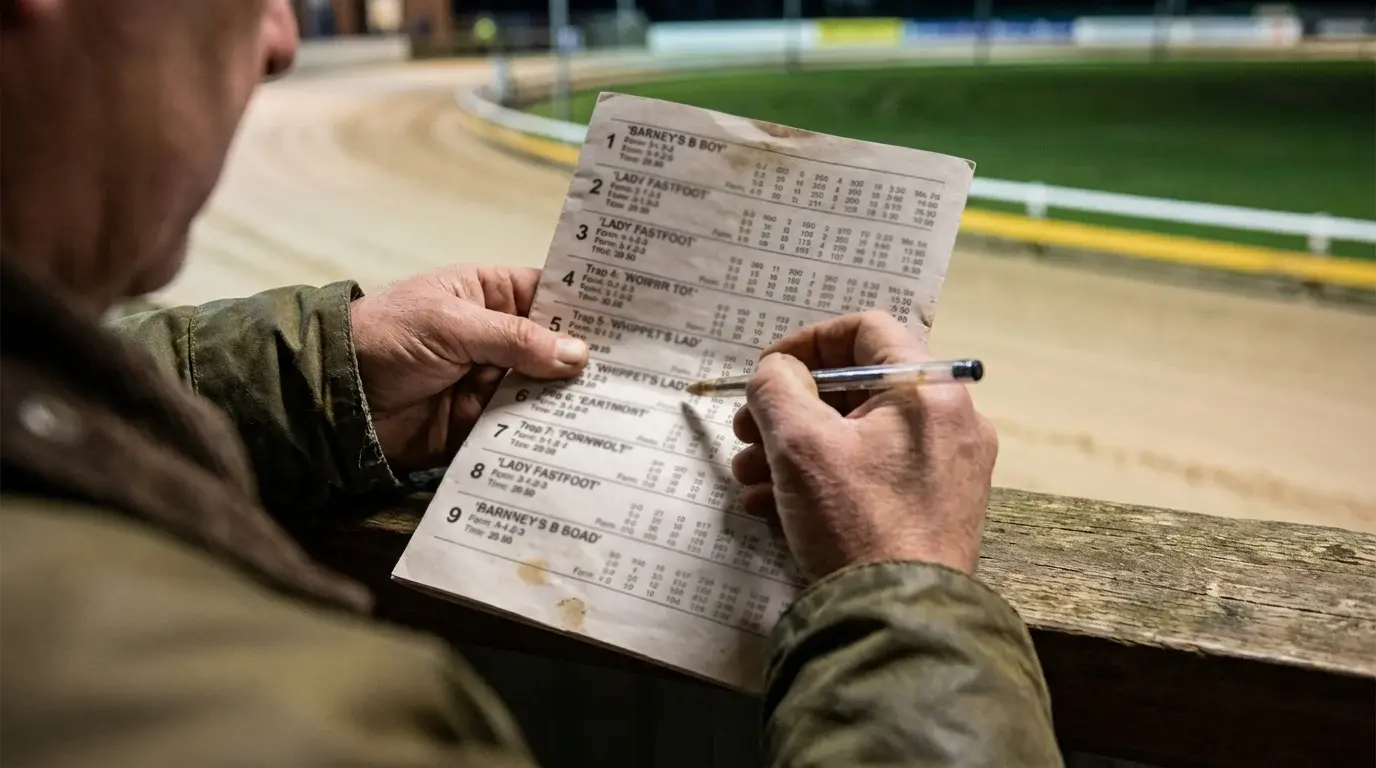 Close-up of a punter reviewing a greyhound race card at a UK track