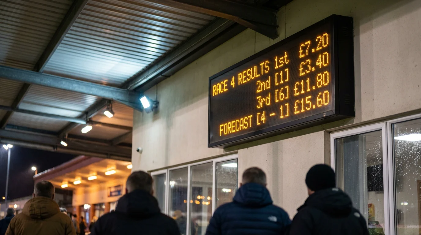 A tote board at a UK greyhound stadium displaying forecast dividends after a race