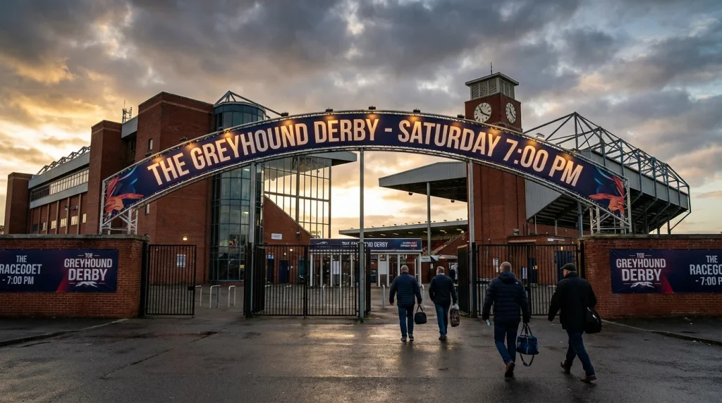 Greyhound derby promotional board at a UK stadium showing upcoming major race event