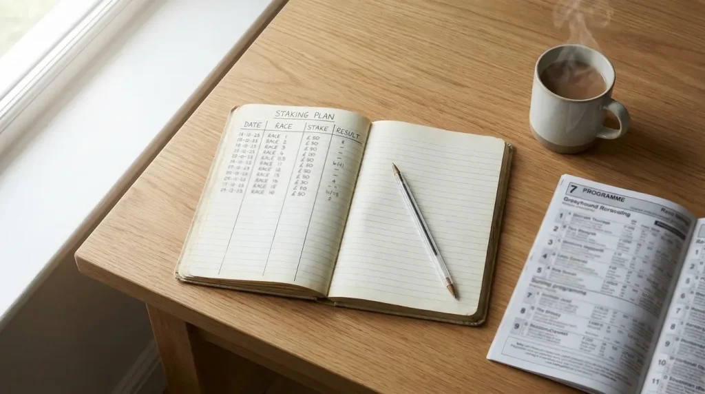 Notebook with a handwritten staking plan and unit records next to a greyhound race programme