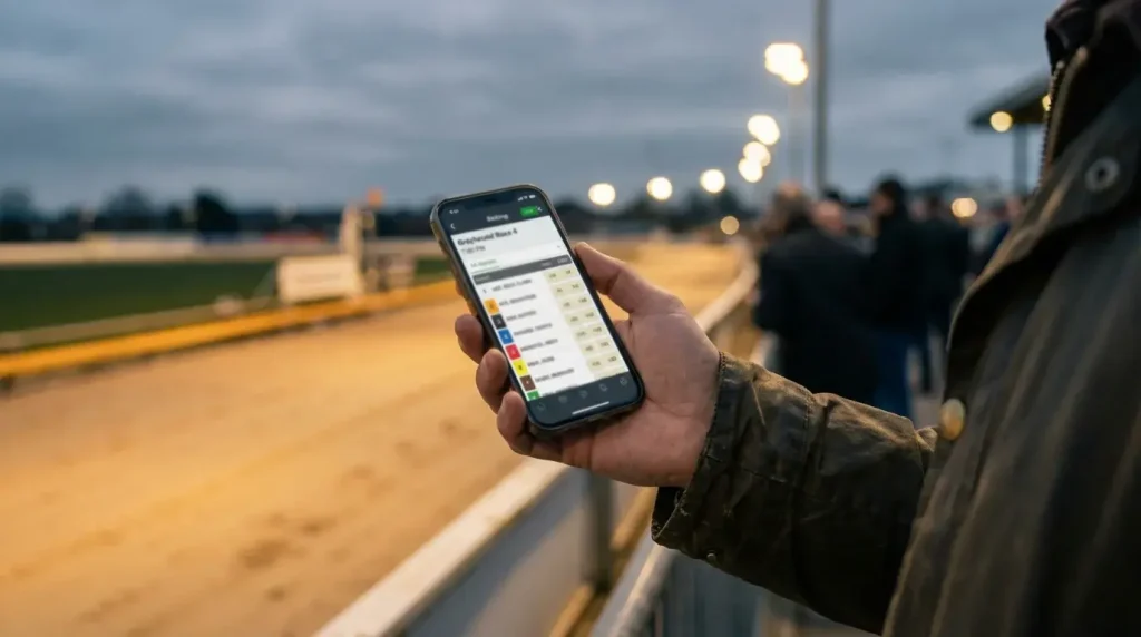 Punter placing a greyhound forecast bet on a mobile phone at a UK racing venue