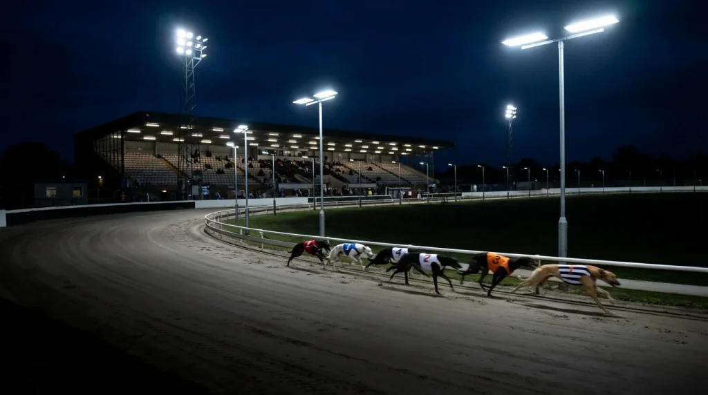 Floodlit UK greyhound racing track with dogs sprinting around the first bend at night