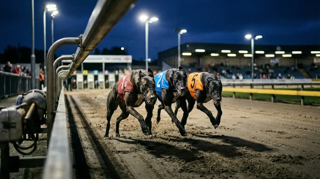 Three greyhounds racing side by side on a floodlit UK greyhound track