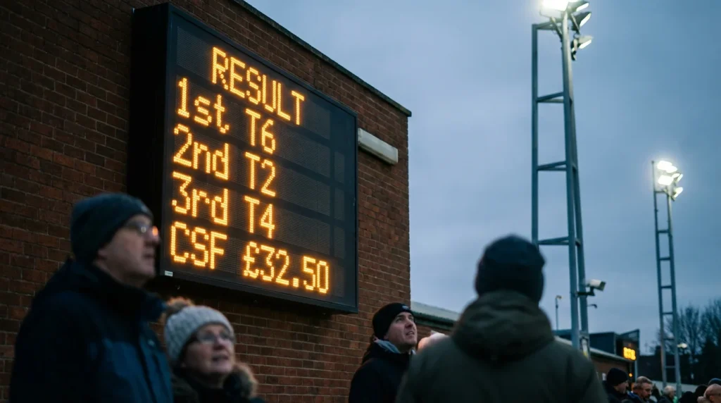 Results board at a UK greyhound track showing CSF dividend and finishing positions