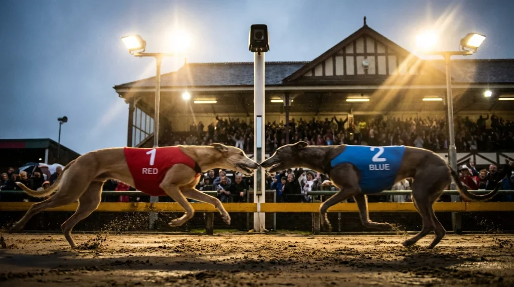 Two greyhounds neck and neck crossing the finish line in a dead heat at a floodlit track