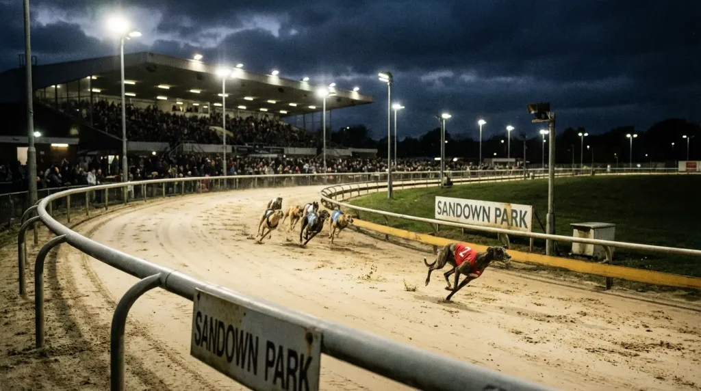 Greyhounds racing towards the first bend on a sand track with the leader pulling ahead