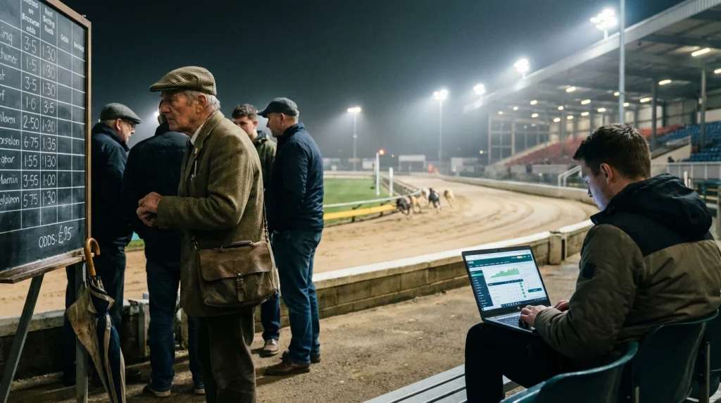 Split-screen view of a betting exchange interface and a traditional bookmaker counter at a track