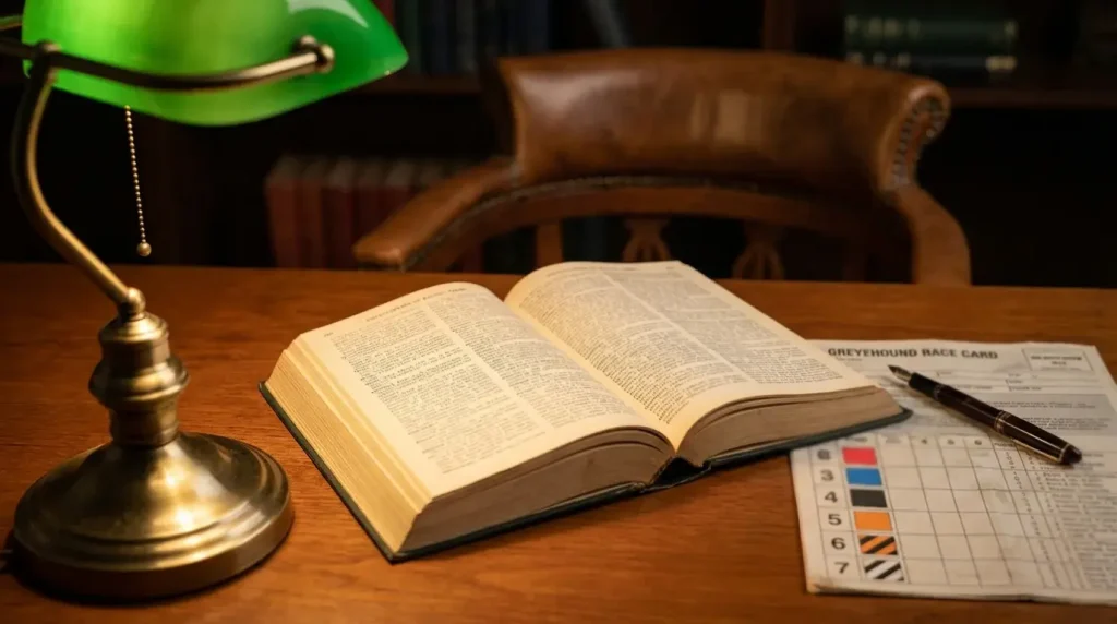 Open reference book of greyhound racing terms beside a race card and pen on a table