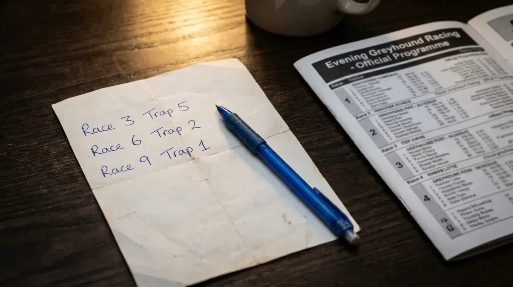 Betting slip with multiple greyhound race selections laid out beside a race programme
