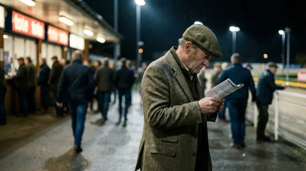 Thoughtful punter studying greyhound form at a track while others queue at the tote window