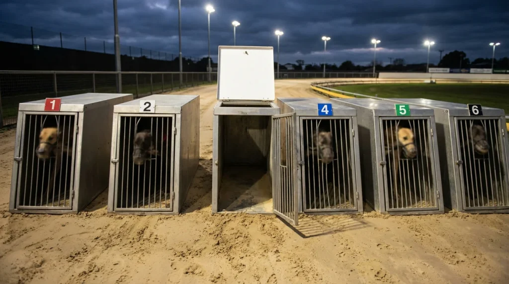 Empty greyhound starting trap at a UK track with five dogs loaded and one box vacant