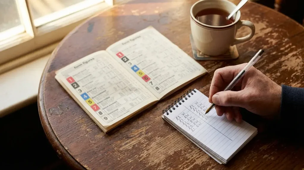 Punter working out greyhound forecast stake and payout with pen and paper beside a race card