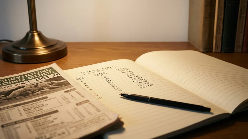 Notebook with a greyhound betting staking plan next to a race programme on a wooden table