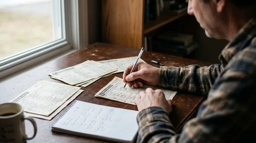 Racing analyst studying a greyhound race card and form guide at a desk