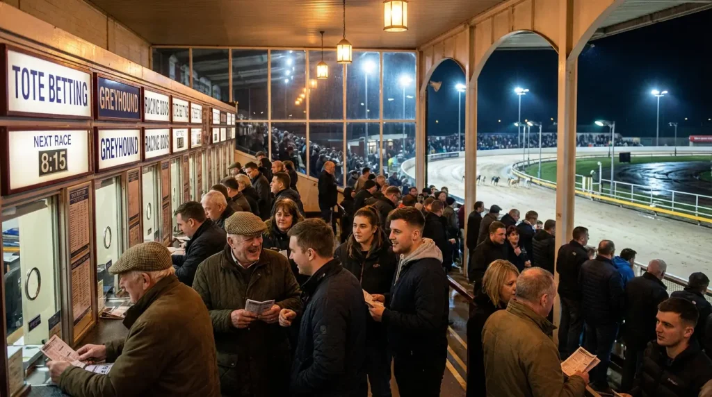 Busy UK greyhound stadium with trackside tote windows and spectators watching a race