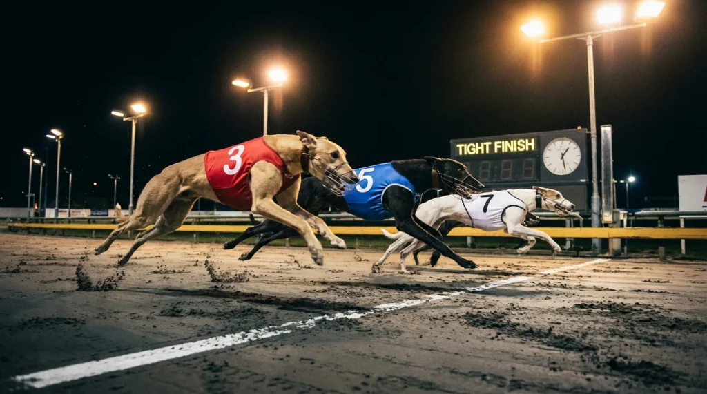 Three greyhounds crossing the finish line in a tight race at a UK track