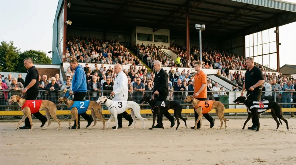 Greyhounds parading in numbered jackets before a graded race at a UK stadium