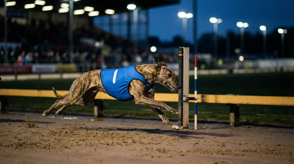 Greyhound sprinting past a timing section marker on a UK sand track