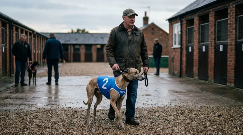 Greyhound trainer walking a racing dog in a jacket through the paddock at a UK track