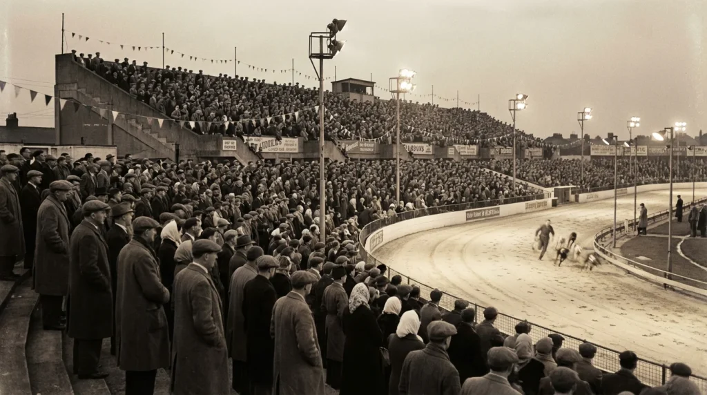 Vintage black-and-white photograph of a packed greyhound stadium in mid-twentieth-century Britain