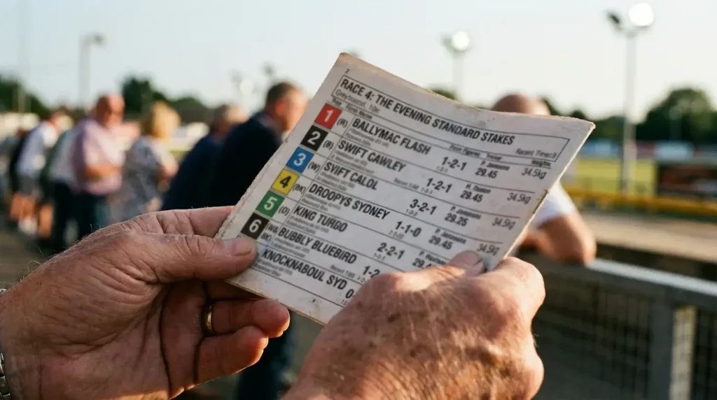 Close-up of a printed greyhound race card showing trap numbers form figures and times