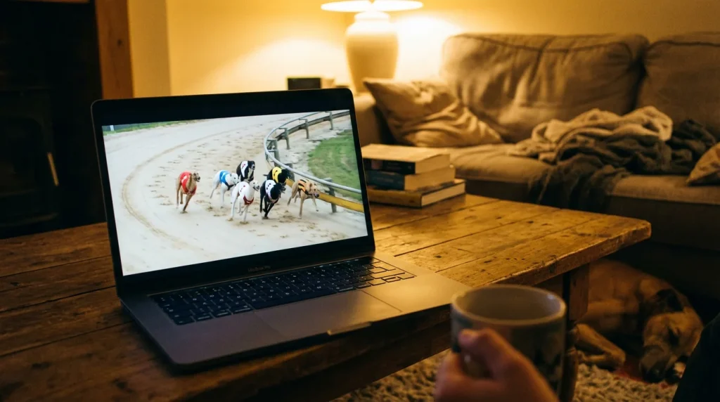 Laptop screen showing a live greyhound race stream with six dogs rounding the bend