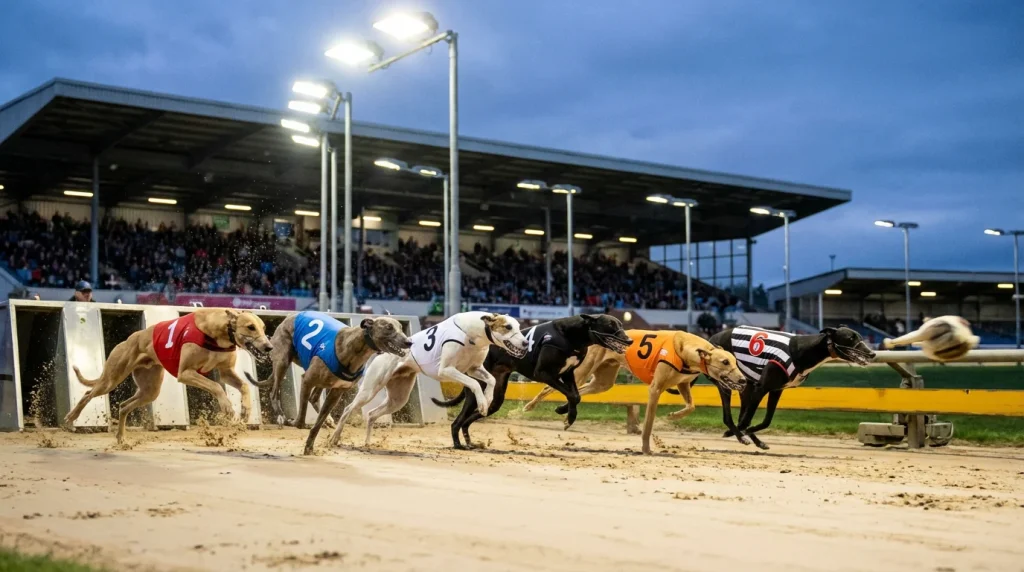 Six greyhounds bursting from the traps at the start of an open race at a UK stadium