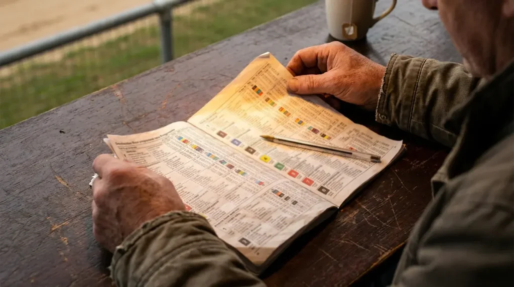 Punter studying a greyhound race card with a pen before placing a forecast bet