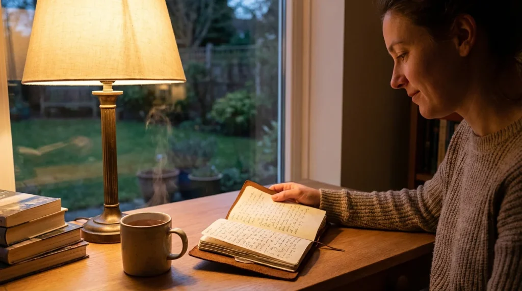 Person calmly reviewing a betting record notebook with a cup of tea at a quiet desk