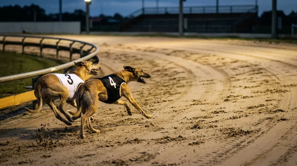 Two greyhounds neck and neck rounding the bend at a UK greyhound track
