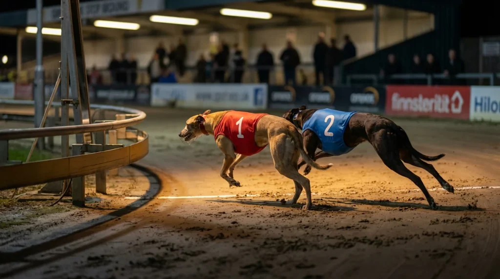 Greyhound racing straight forecast bet — two dogs crossing the finish line at a UK track