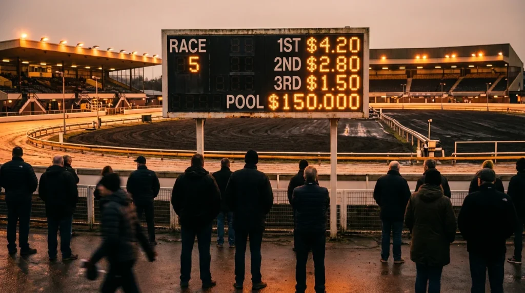 Greyhound racing tote board displaying pool forecast dividends at a UK track