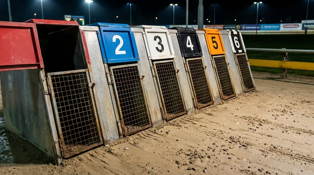 Six greyhound starting traps with coloured lids at a UK racing track ready for a race