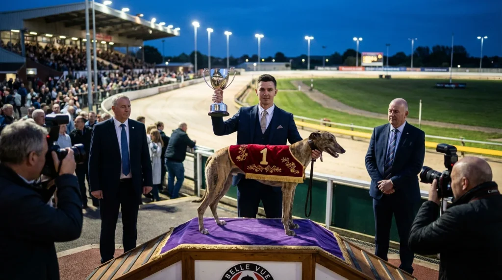 Trophy presentation at a major UK greyhound racing event with the winning dog and connections