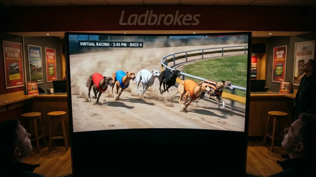Screen showing a virtual greyhound race with six animated dogs running on a digital track