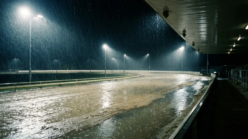 Rain falling on a wet greyhound racing track under floodlights at a UK stadium