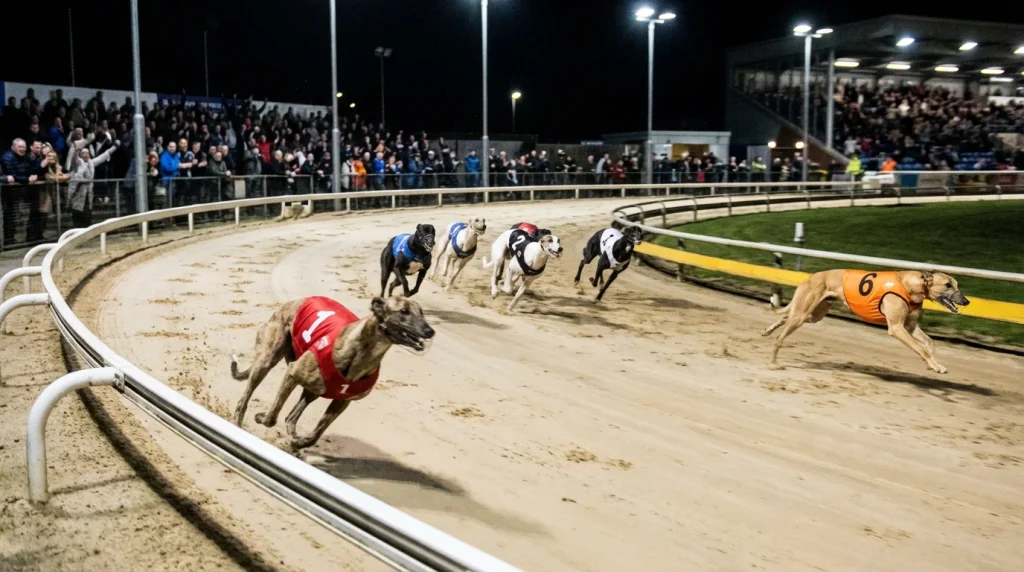 Greyhound hugging the inside rail during a race while another runs wide on the outside